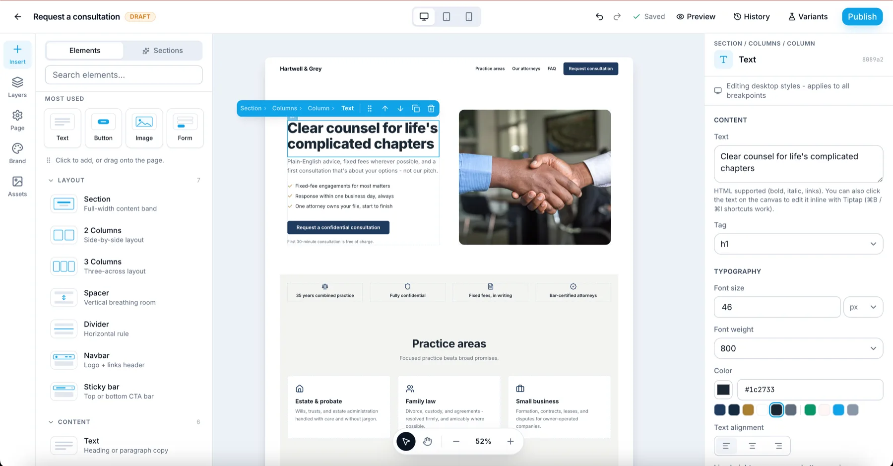 The DearConvert builder editing a law-firm landing page: drag-and-drop elements on the left, live canvas in the middle, and typography controls on the right